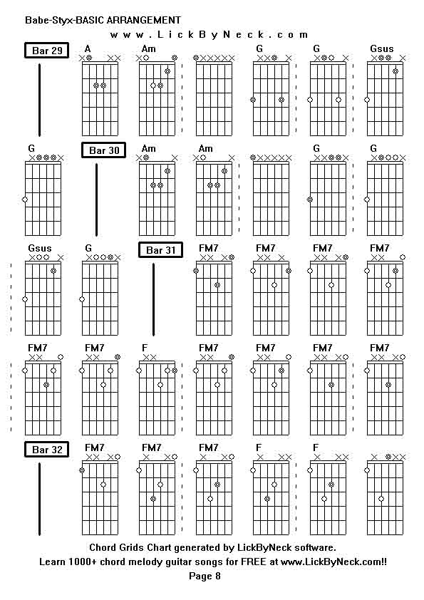 Chord Grids Chart of chord melody fingerstyle guitar song-Babe-Styx-BASIC ARRANGEMENT,generated by LickByNeck software.